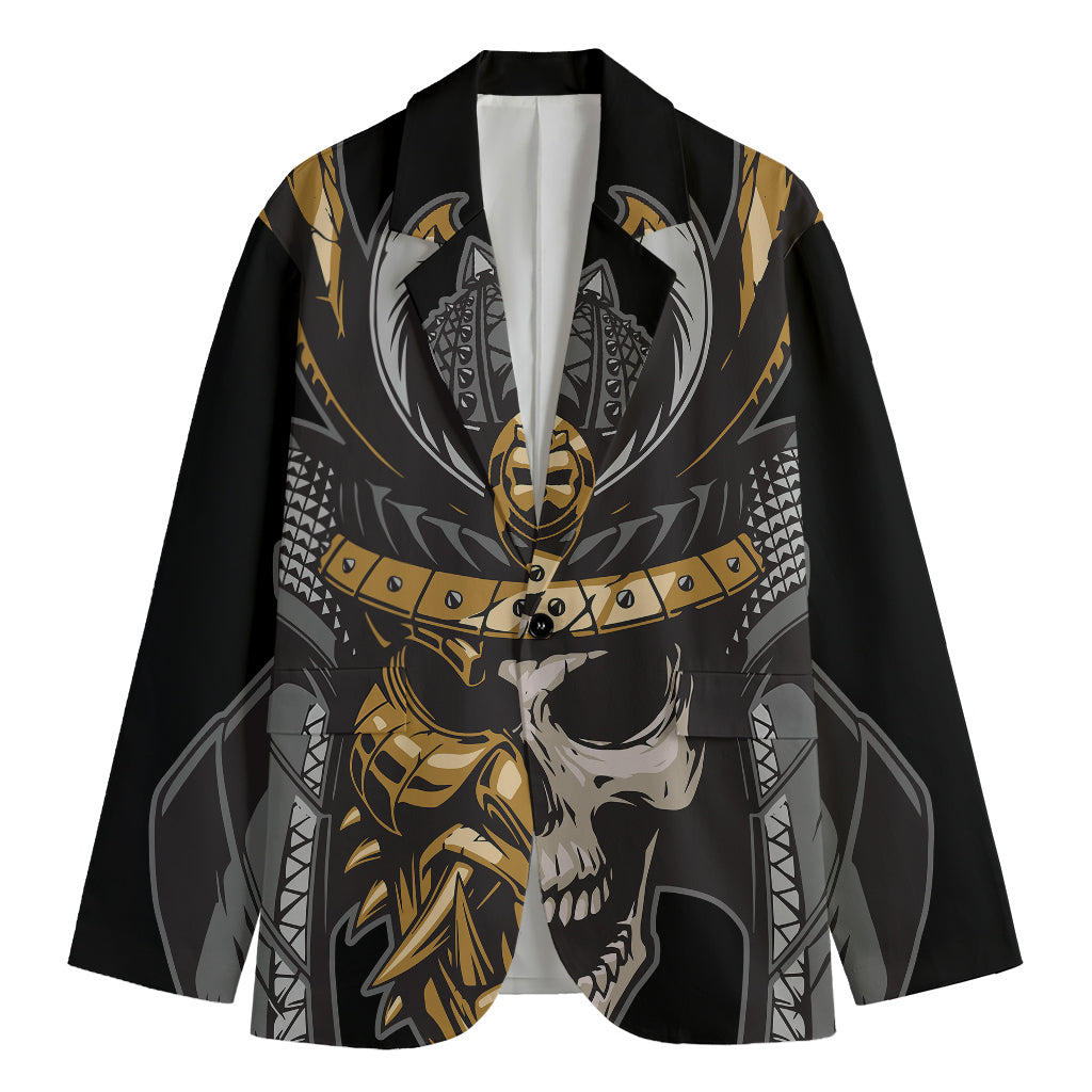 Black Samurai Skull Print Men's Cotton Blazer