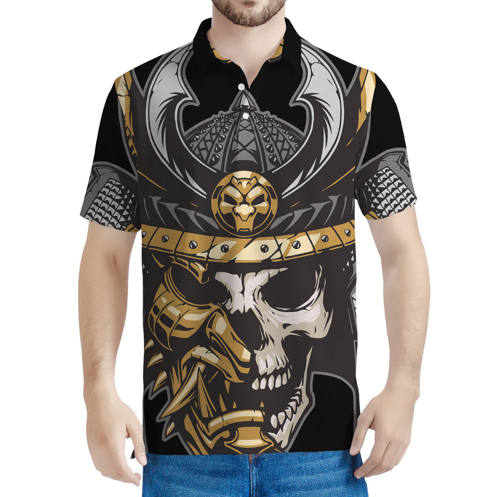 Black Samurai Skull Print Men's Polo Shirt