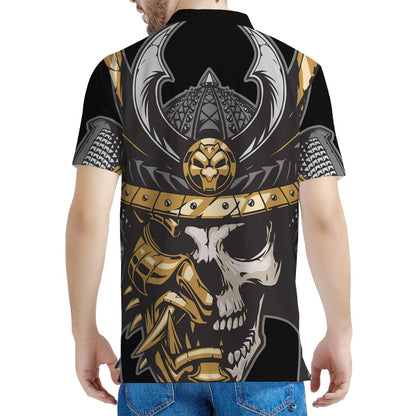 Black Samurai Skull Print Men's Polo Shirt