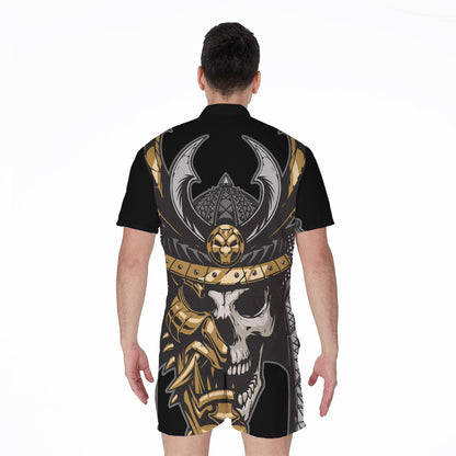 Black Samurai Skull Print Men's Rompers