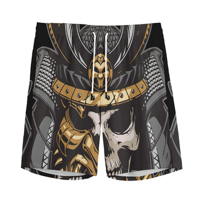 Black Samurai Skull Print Men's Sports Shorts