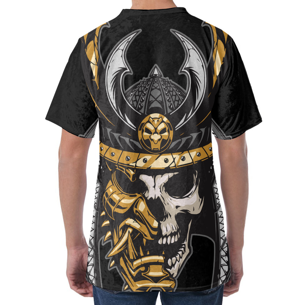 Black Samurai Skull Print Men's Velvet T-Shirt