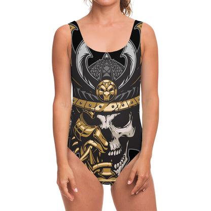 Black Samurai Skull Print One Piece Swimsuit
