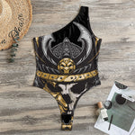Black Samurai Skull Print One Shoulder Bodysuit