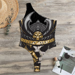 Black Samurai Skull Print One Shoulder Bodysuit