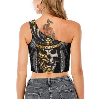 Black Samurai Skull Print One Shoulder Crop Top