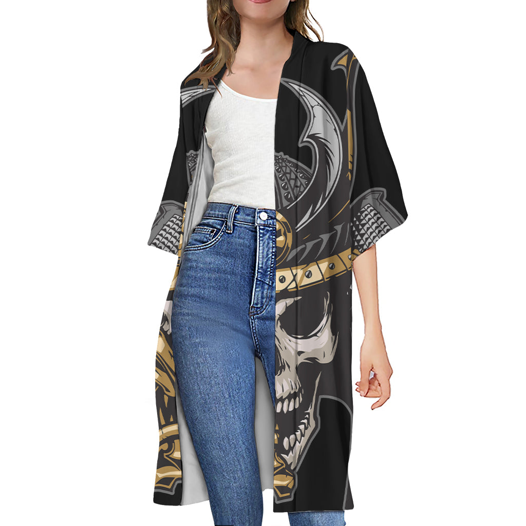 Black Samurai Skull Print Open Front Beach Cover Up