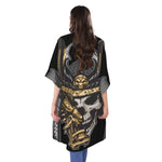 Black Samurai Skull Print Open Front Beach Cover Up
