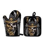Black Samurai Skull Print Oven Mitt And Pot Holder Set