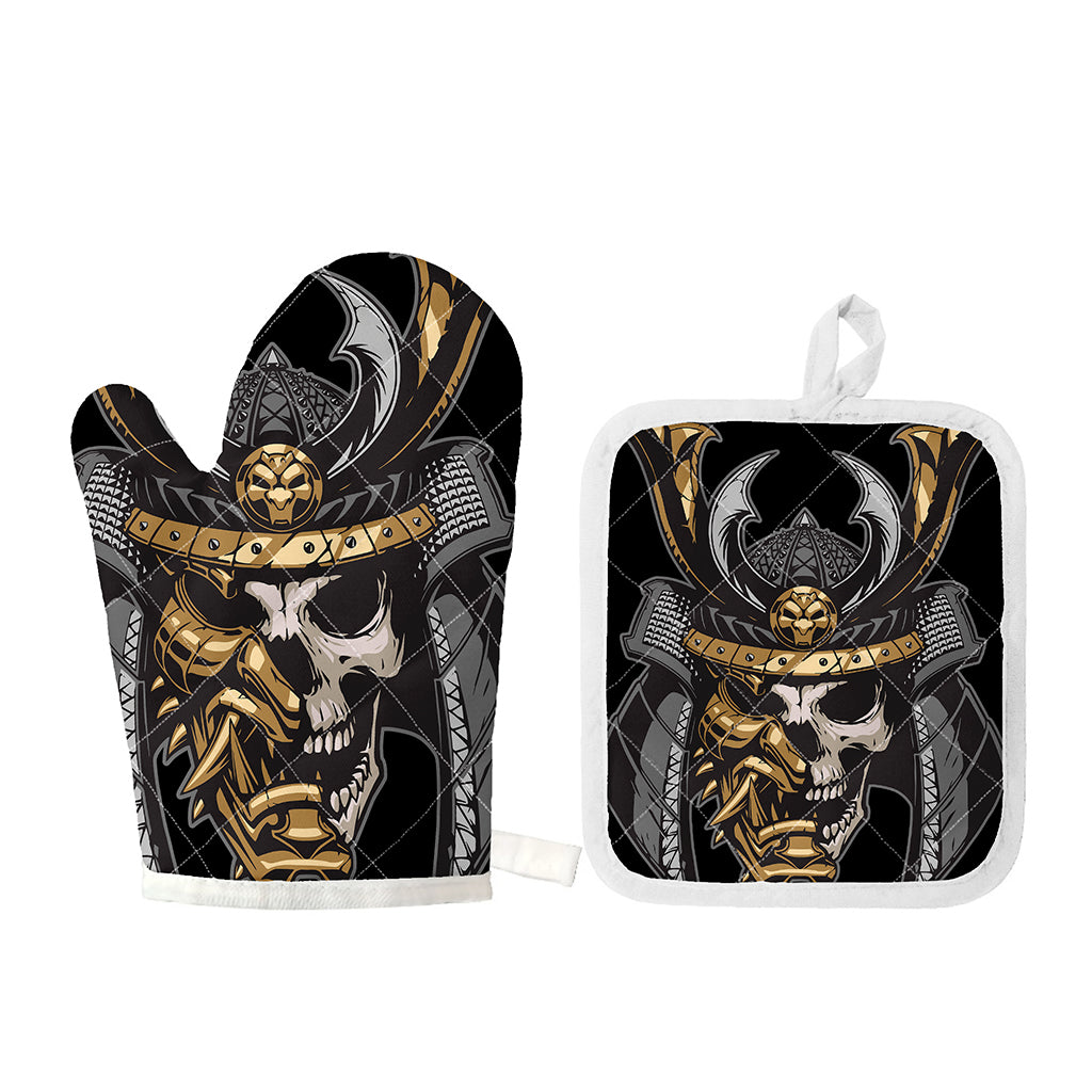 Black Samurai Skull Print Oven Mitt And Pot Holder Set