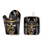 Black Samurai Skull Print Oven Mitt And Pot Holder Set