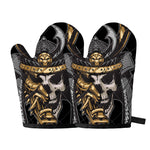 Black Samurai Skull Print Oven Mitts