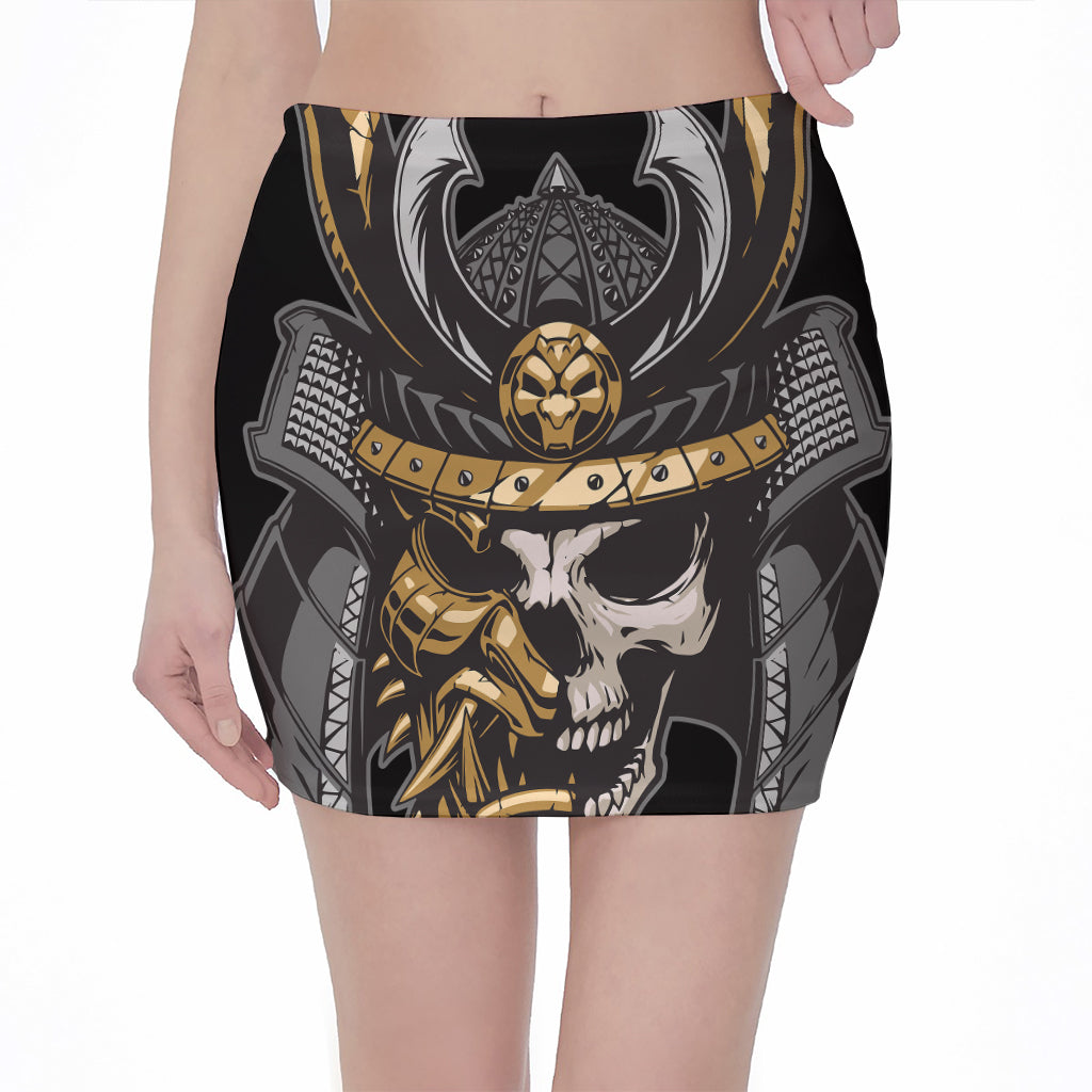 Black Samurai Skull Print Pencil Mini Skirt