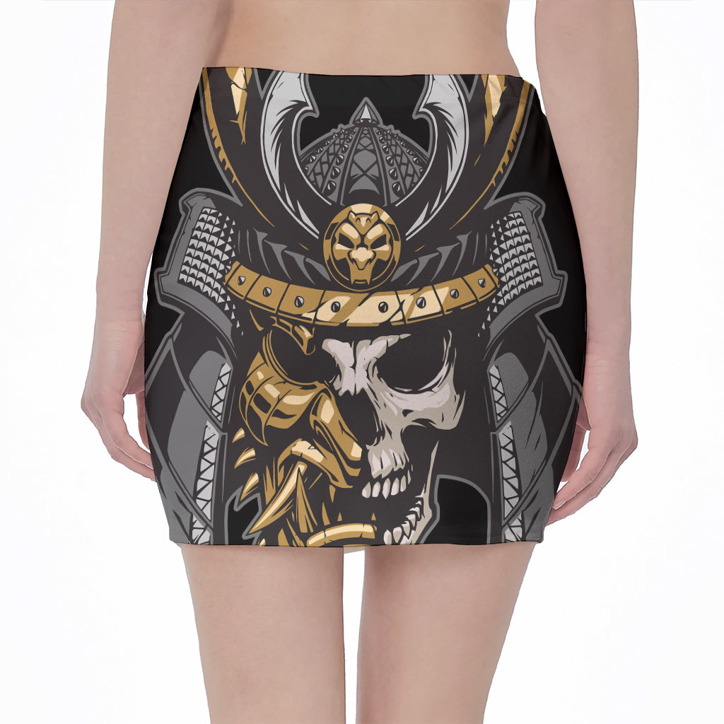 Black Samurai Skull Print Pencil Mini Skirt