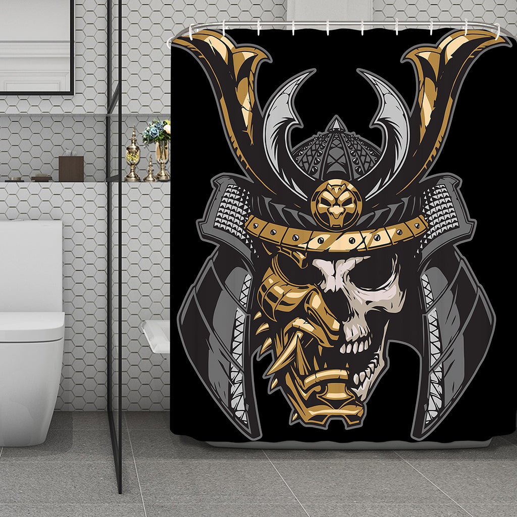 Black Samurai Skull Print Polyester Shower Curtain