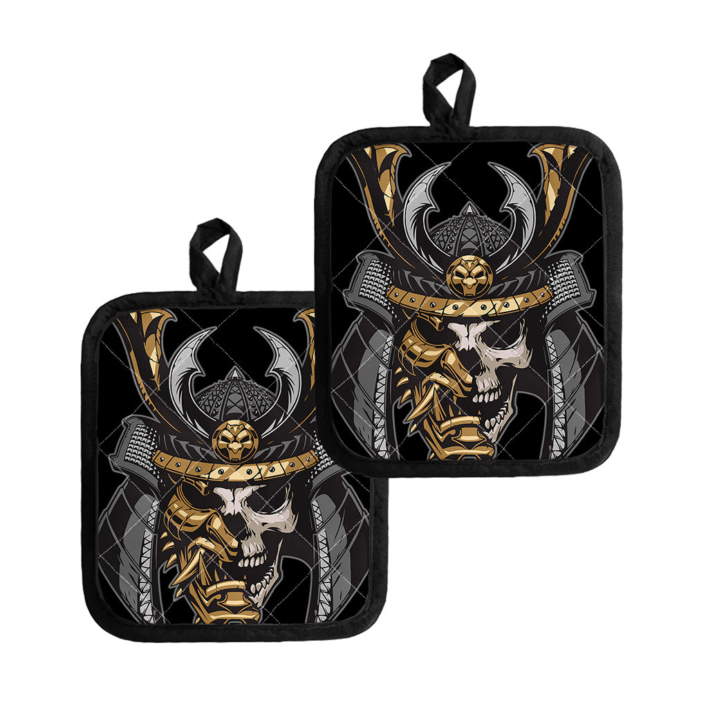 Black Samurai Skull Print Pot Holders
