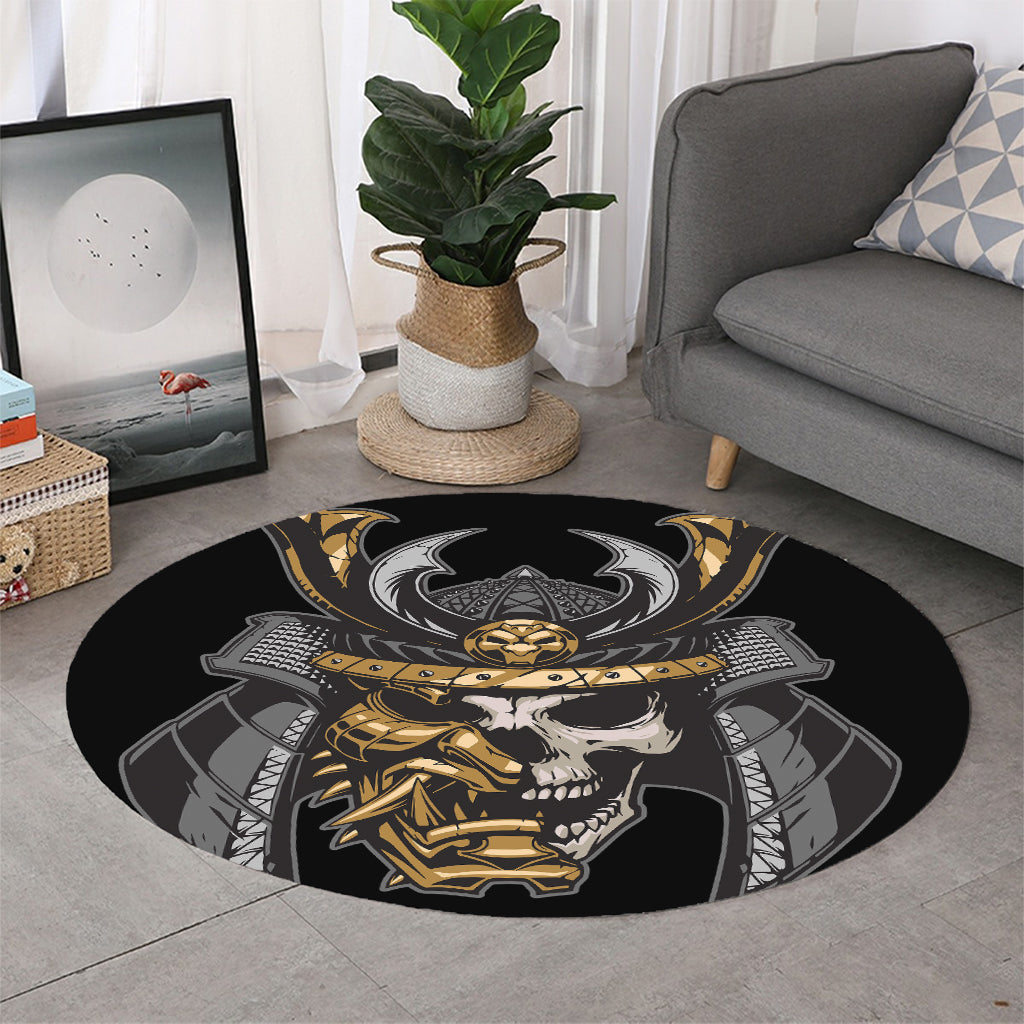 Black Samurai Skull Print Round Rug