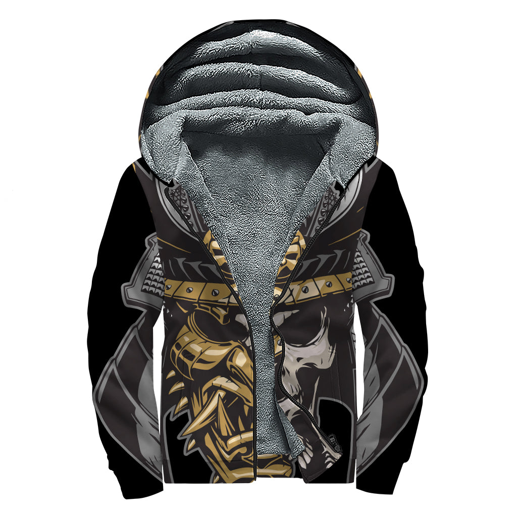 Black Samurai Skull Print Sherpa Lined Zip Up Hoodie