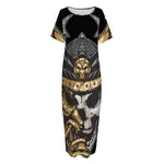 Black Samurai Skull Print Short Sleeve Long Nightdress
