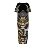 Black Samurai Skull Print Short Sleeve Long Nightdress