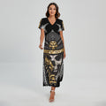Black Samurai Skull Print Short Sleeve Maxi Dress