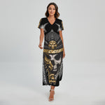 Black Samurai Skull Print Short Sleeve Maxi Dress