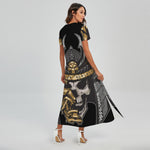 Black Samurai Skull Print Short Sleeve Maxi Dress