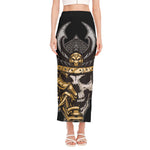 Black Samurai Skull Print Side Slit Maxi Skirt
