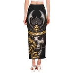 Black Samurai Skull Print Side Slit Maxi Skirt
