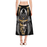 Black Samurai Skull Print Side Slit Midi Skirt