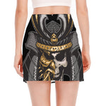 Black Samurai Skull Print Side Slit Mini Skirt