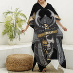 Black Samurai Skull Print Silk V-Neck Kaftan Dress