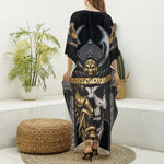 Black Samurai Skull Print Silk V-Neck Kaftan Dress