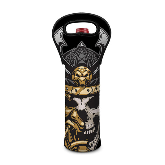 Black Samurai Skull Print Single Neoprene Wine Tote