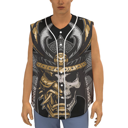 Black Samurai Skull Print Sleeveless Baseball Jersey