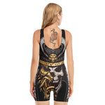 Black Samurai Skull Print Sleeveless One Piece Swimsuit