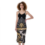 Black Samurai Skull Print Slim Fit Midi Cami Dress