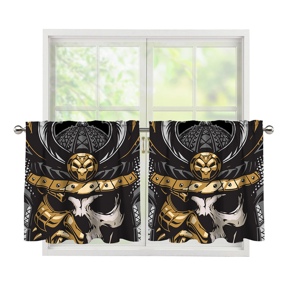 Black Samurai Skull Print Tier Curtains