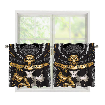 Black Samurai Skull Print Tier Curtains