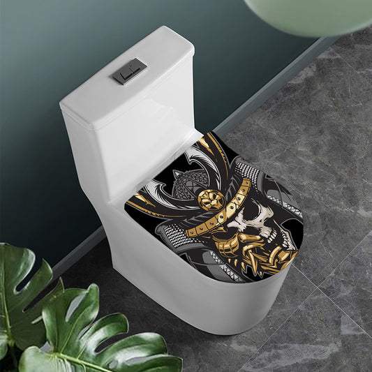 Black Samurai Skull Print Toilet Lid Cover