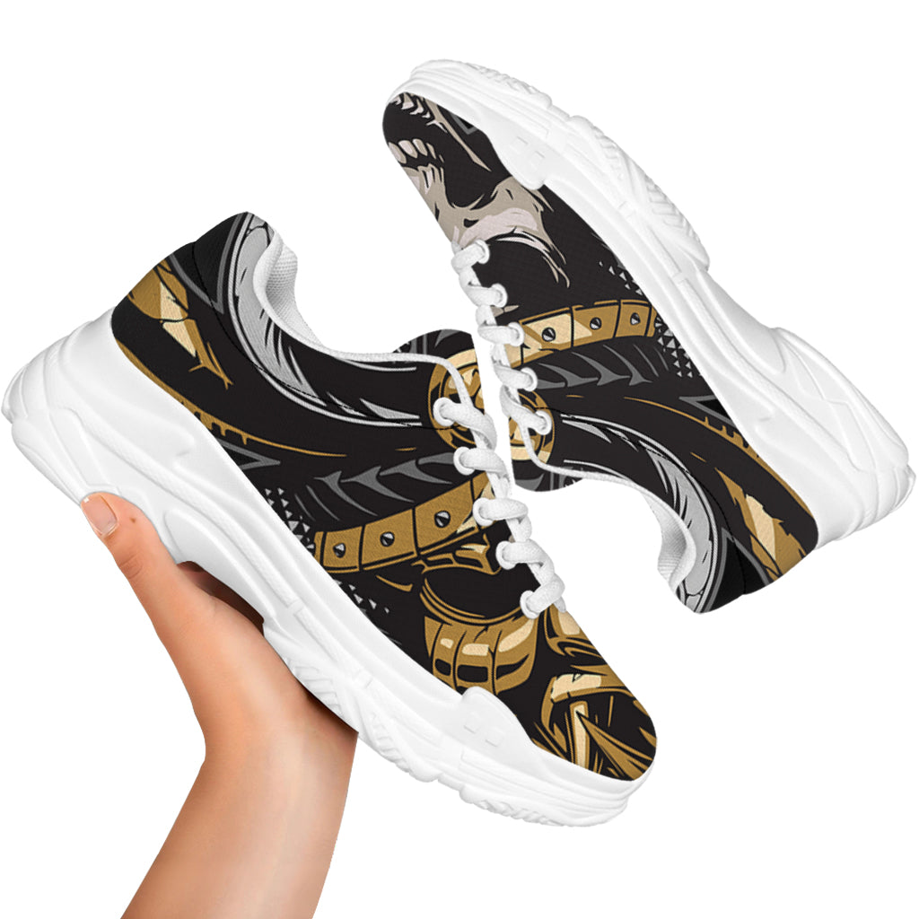 Black Samurai Skull Print White Chunky Shoes