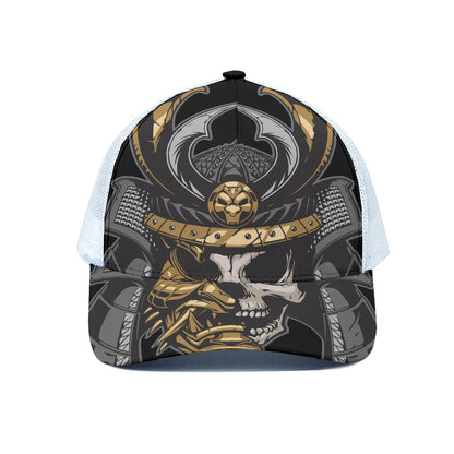 Black Samurai Skull Print White Mesh Trucker Cap