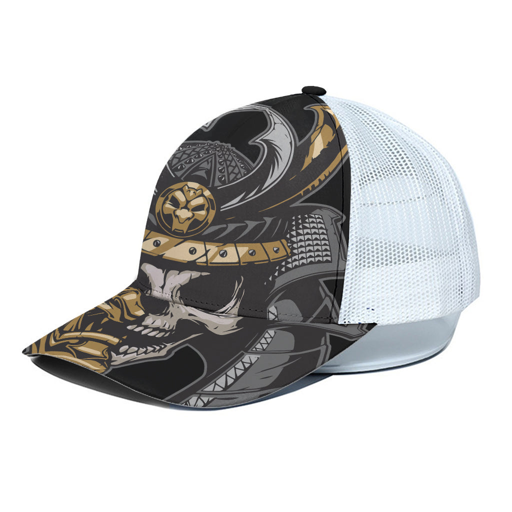 Black Samurai Skull Print White Mesh Trucker Cap