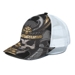Black Samurai Skull Print White Mesh Trucker Cap