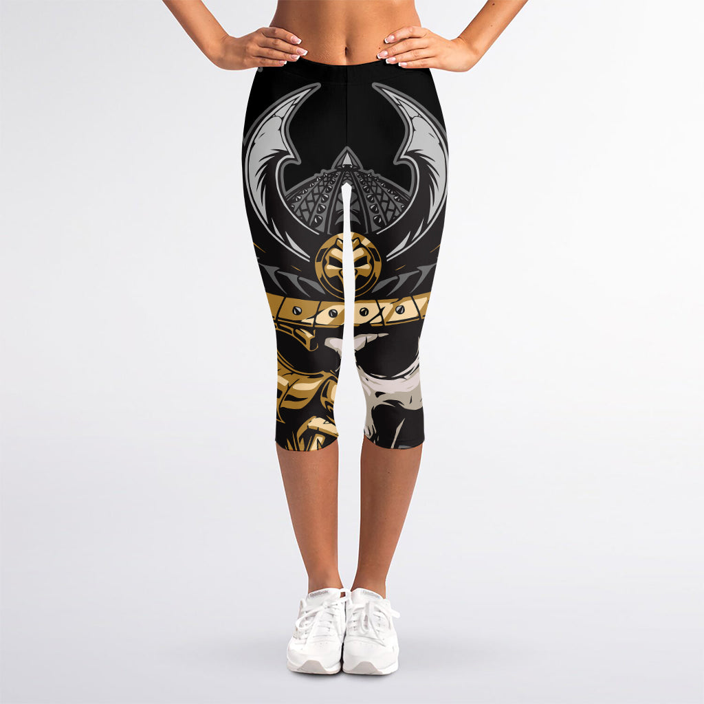 Black Samurai Skull Print Women's Capri Leggings