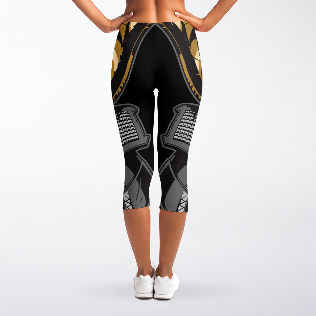 Black Samurai Skull Print Women's Capri Leggings