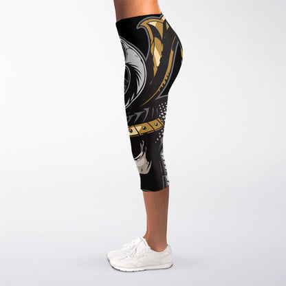 Black Samurai Skull Print Women's Capri Leggings