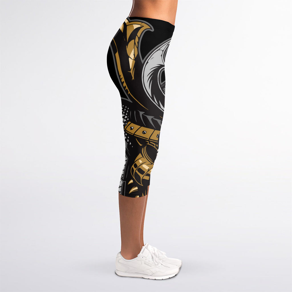 Black Samurai Skull Print Women's Capri Leggings