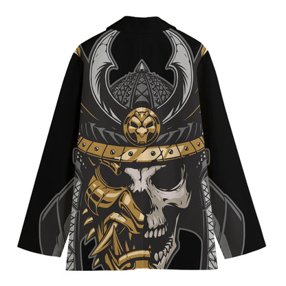 Black Samurai Skull Print Women's Cotton Blazer