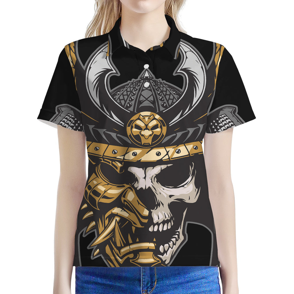 Black Samurai Skull Print Women's Polo Shirt